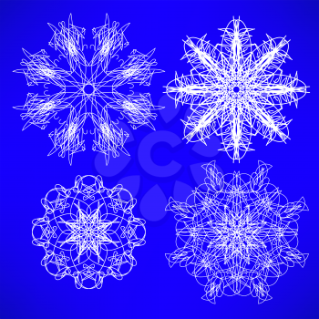 Abstract Geometric Snow Flakes Collection Isolated on Blue Background