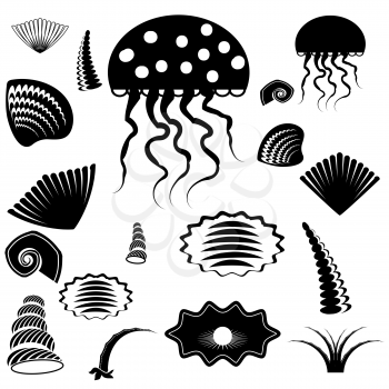 Set of Silhouettes of Sea Animals Isolated on White Background