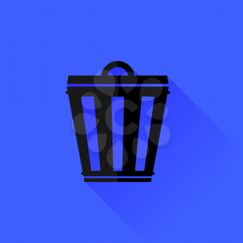 Trash Can Isolated on Blue Background. Long Shadow.