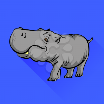 Hippopotamus Isolated on Blue Background Long Shadow.
