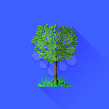 Green Tree Isolated on Blue Background. Long Shadow.