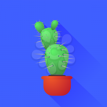 Green Cactus Isolated on Blue Background. Long Shadow