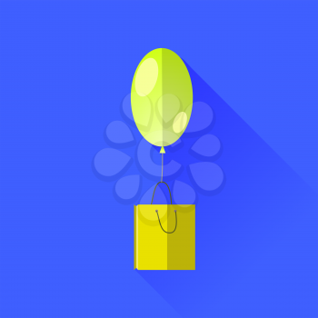 Yellow Balloon and Paper Shopping Bag Isolated on Blue Background
