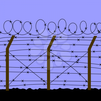 Barbed Wire Fence Silhouette on Blue Background