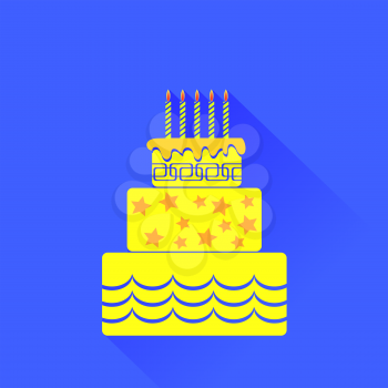Vector Yellow Birthday Cake Icon Isolated on Blue Background