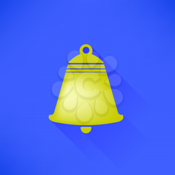Yellow Bell Icon Isolated on Blue Background. Flat Design. Long Shadow.
