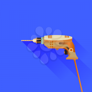 Drill Icon Isolated on Blue Background. Long Shadow