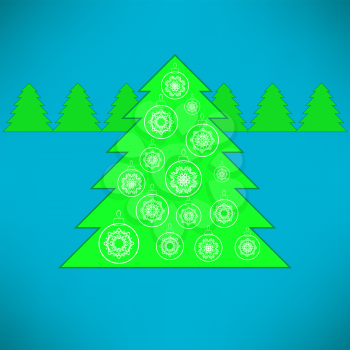 Christmas Green Tree and Balls on Blue Background