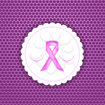 Pink Ribbon on White Paper Sticker. Breast Cancer Awareness Pink Ribbon on Pink Perforated Background.
