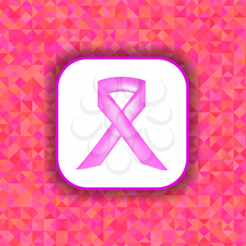 Pink Ribbon on White Paper Sticker. Breast Cancer Awareness Pink Ribbon on Pink Polygonal Background