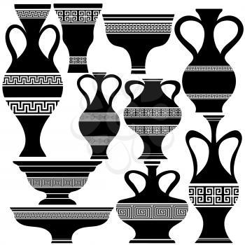 Set of Greek Amphora Silhouettes Isolated on White Background