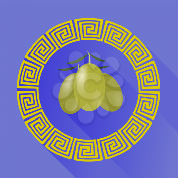Green Olives in Greek Circle Frame Isolated on Blue Background. Long Shadow
