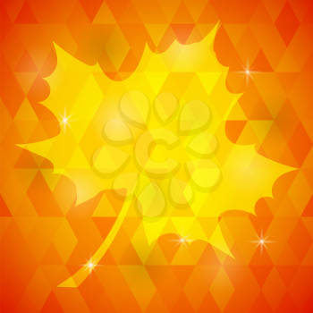 Single Yellow Mosaic Autumn Leaf on Orange Polygonal Background