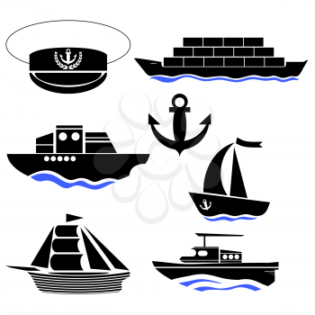 Sea Ships Silhouettes Isolated on White Background. Anchor Icon. Captain Hat Icon