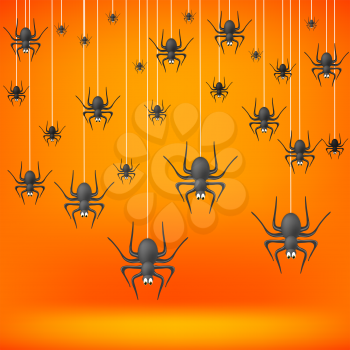 Set od Grey Spiders Fall Down on Soft Orange Background. Symbols of Halloween.