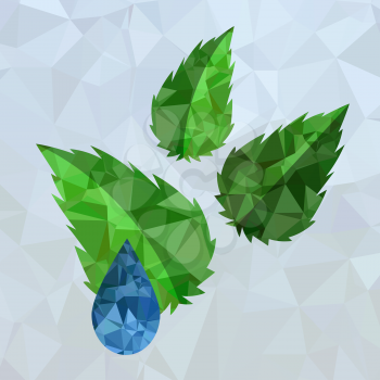 Polygonal Blue Water Drop and Green Leaves Isolated on Mosaic Background