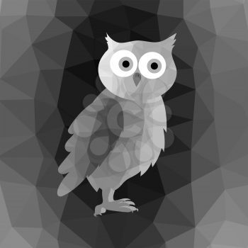 Dark Polygonal Owl on Grey Mosaic Background. Symbol of Wisdom