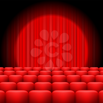 Red Curtains with Spotlight and Seats. Classic Cinema with Red Chairs