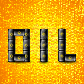Set of Black Metal Oil Barrels Isolated on Mosaic Yellow Background.