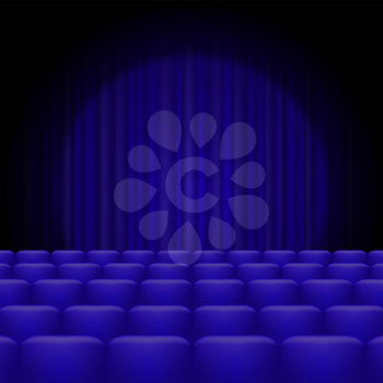 Blue Curtains with Spotlight and Seats. Classic Cinema with Blue Chairs