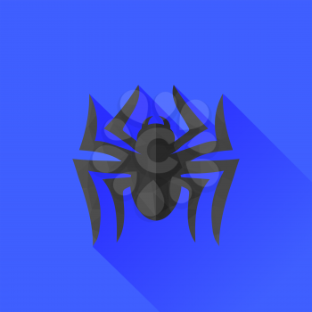 Spider Grey Silhouette Isolated on Blue Background. Long Shadow