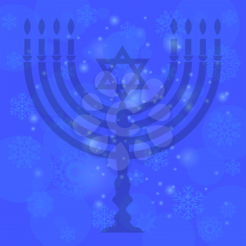 Silhouette of Menorah Isolated on Blue Sky Background. Snow Flake Pattern. Symbol of Hanukkah