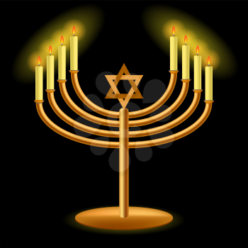 Gold Menorah with Burning Candles Isolated on Dark Background