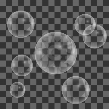 Set of Transparent Soap  Water Bubbles Isolated on Checkered Background