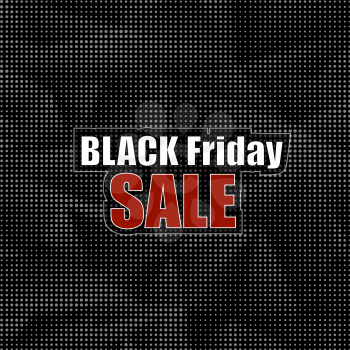 Black Friday Sticker  on Dark Halftone Background. Black Dots Pattern. Dark Shopping Label. Special Marketing Promotion