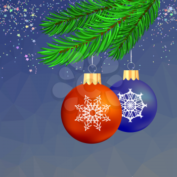 Set of Colorful Glass Balls on Blue Polygonal Starry Background. Christmas Balls and Green Fir Bbranch