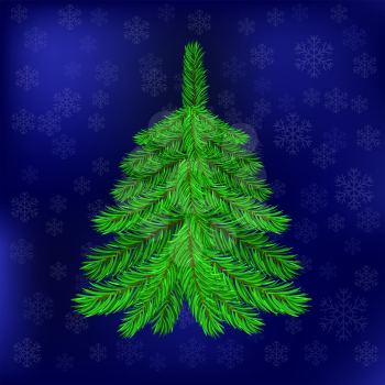 Green Fir on Blue Snowflakes Background. Christmas Blue Night Sky. Symbol of Christmas