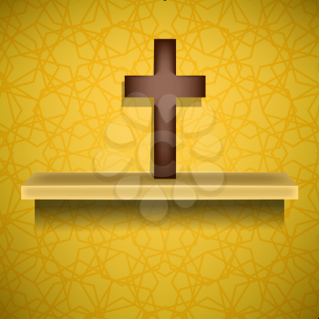 Wood Cross on Yellow Ornamental Brown Background. Symbol of Religion