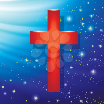 Wood Cross on Blue Wave Starry Background. Symbol of Religion