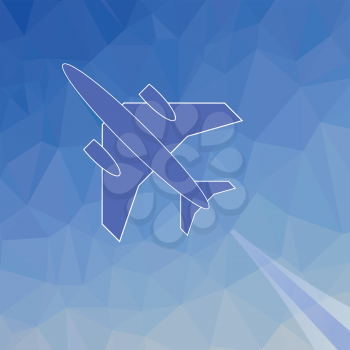 Silhouette of Plane. Blue Plane Flies Up on Blue Polygonal Background