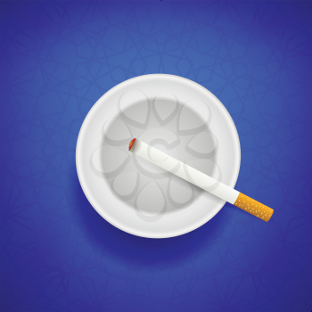 Cigarette and Ashtray on Blue Geometric Background. Top View.