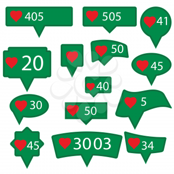 Set of Green Icons with Red Heart Isolated on White Background
