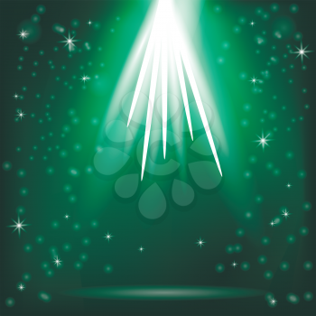 Green Rays of Magic Lights on Blurred Starry Background. Night Sky.