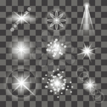 Set of Different White Lights Isolated on Grey Checkered Background