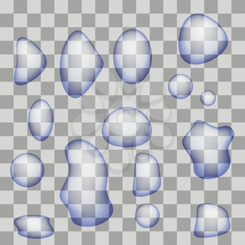 Set of Transparent Water Drops Isolated on Gray Checkered Background