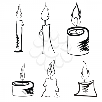 Set of Different Burning Retro Candles Isolated on White Background