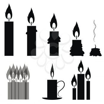 Set of Different Burning Retro Candles Isolated on White Background