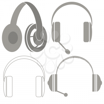 Set of Headphones Isolated on White Background. Headphones Gray Silhouettes. Stereophones