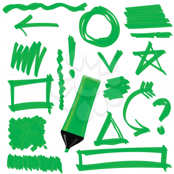 Green Marker Isolated on White Background. Set of Graphic Signs. Arrows, Circles, Correction Lines