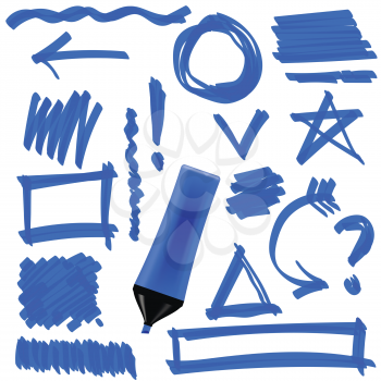 Blue Marker Isolated on White Background. Set of Graphic Signs. Arrows, Circles, Correction Lines