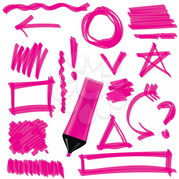 Pink Marker Isolated on White Background. Set of Graphic Signs. Arrows, Circles, Correction Lines