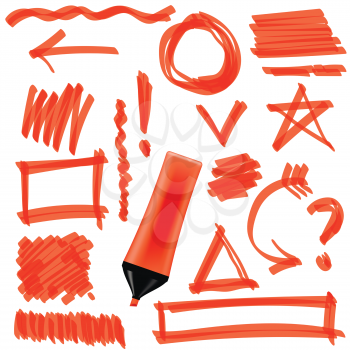 Orange Marker Isolated on White Background. Set of Graphic Signs. Arrows, Circles, Correction Lines