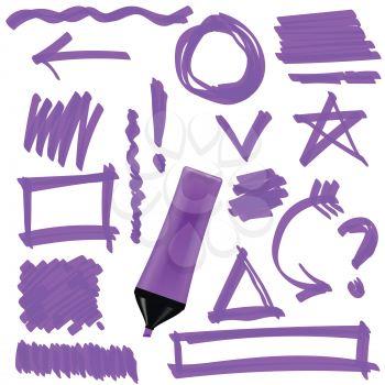 Purple Marker Isolated on White Background. Set of Graphic Signs. Arrows, Circles, Correction Lines