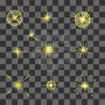 Set of Different Yellow Lights Isolated on Gray Checkered Background