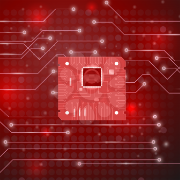 Modern Computer Technology Red Background. Circuit Board Pattern. High Tech Printed Circuit Board