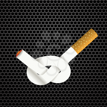 Single Cigarette Knotted and Isolated on Steel Grid Background. Health Care Concept.